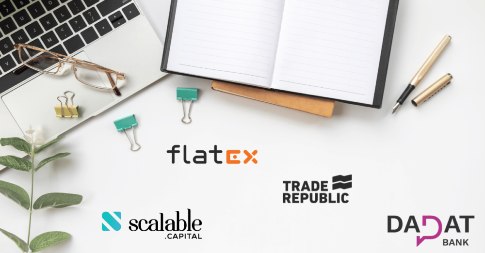 Bild mit Logos von Online Brokern wie Flatex, Trade Republic, Scalable Capital und Dadat Bank