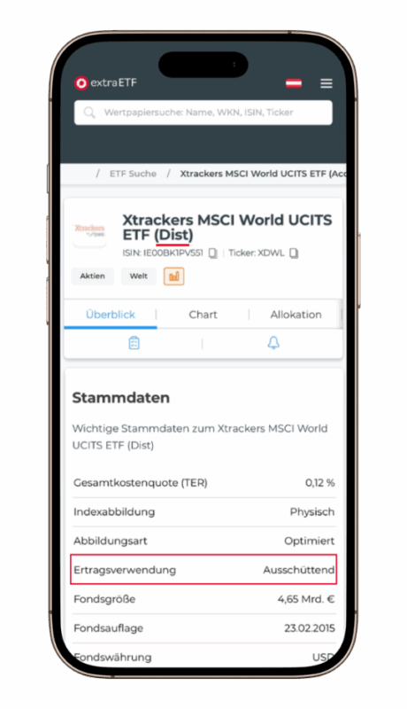 Xtrackers MSCI World UCITS ETF (Dist) ausschüttender ETF Smartphone-Screenshot der Website extraETF zum Xtrackers MSCI World UCITS ETF (Dist). Die Kennzeichnung ‚(Dist)‘ im Titel und die Ertragsverwendung ‚Ausschüttend‘ sind rot markiert.