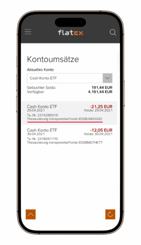 „Screenshot einer flatex-Umsatzliste. Gezeigt wird die steuerliche Abbuchung von 21,25 EUR für den thesaurierenden Xtrackers MSCI World ETF (ISIN IE00BJ0KDQ92) mit dem Buchungstext ‚Thesaurierung transparenterFonds‘.