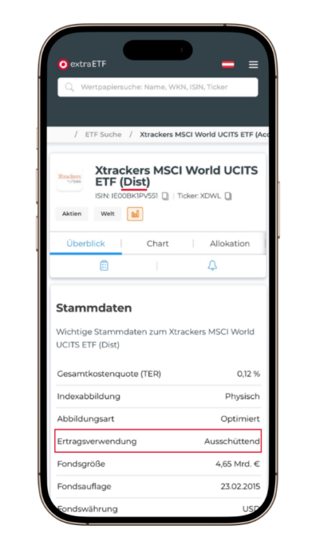 Screenshot des Xtrackers MSCI World ETF (Dist) in der ausschüttenden Variante. Rot hervorgehoben sind "(Dist)" für das englische "Distributing" und die Ertragsverwendung "Ausschüttend". Dies signalisiert, dass Dividenden regelmäßig an das Verrechnungskonto ausgezahlt werden.
