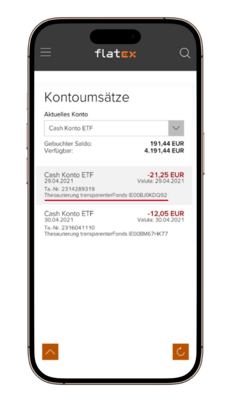 Auszug der flatex-Kontoumsätze: Sichtbare Steuerabbuchung von 21,25 EUR infolge der Thesaurierung beim Xtrackers MSCI World UCITS ETF (Acc) (ISIN IE00BJ0KDQ92).